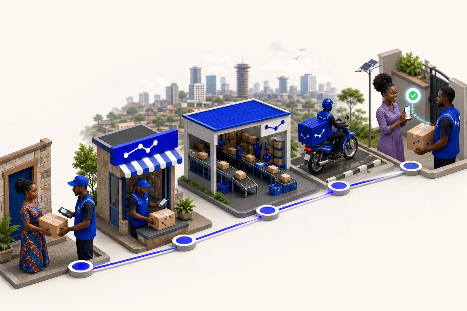 FS parcel workflow from customer drop-off through an FS Point and sorting centre to secure recipient collection