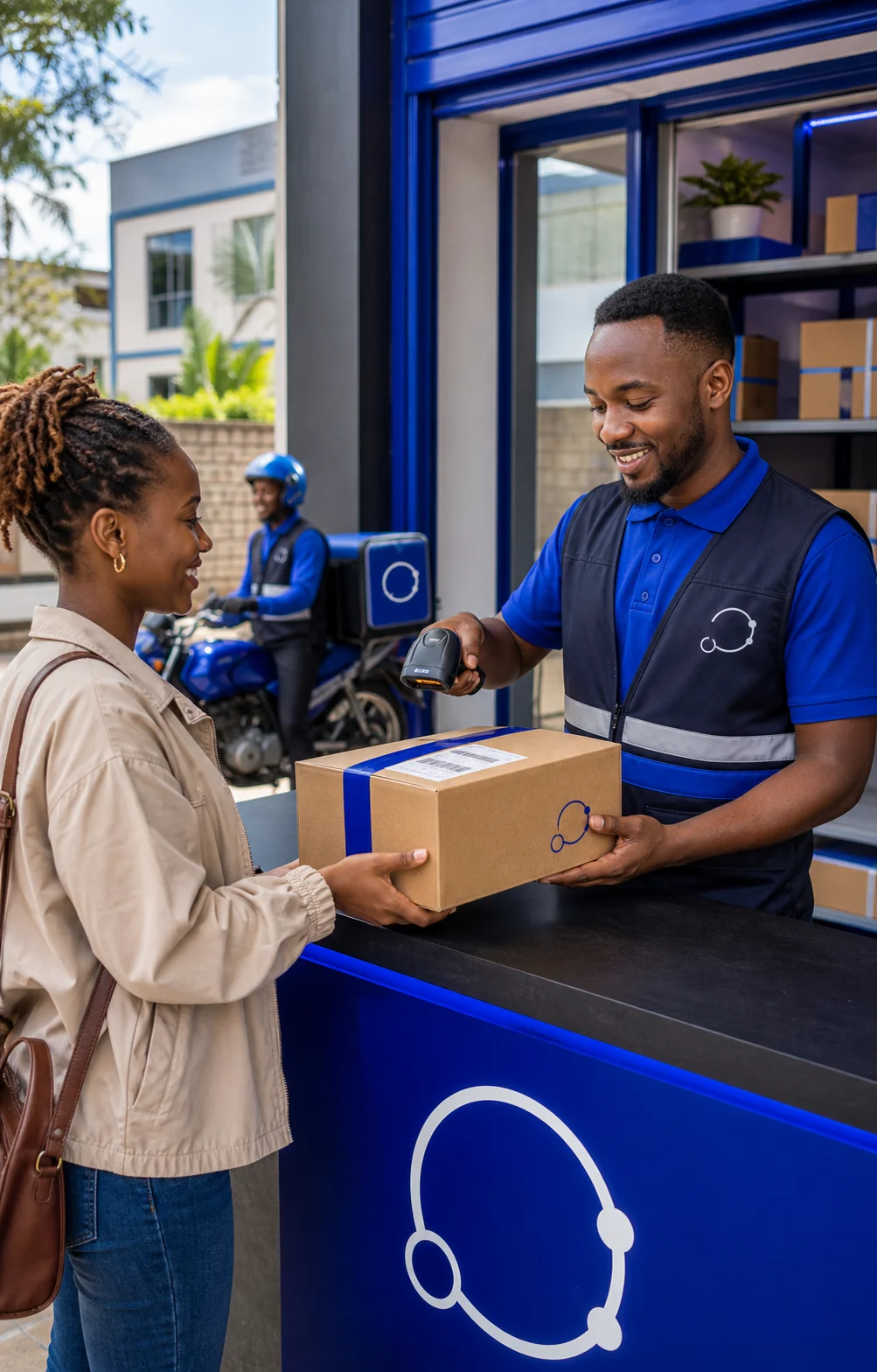 A customer handing a parcel to an FS Point Operator for scanning