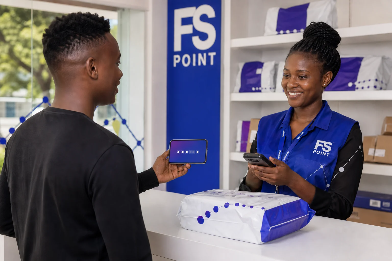 A recipient presenting a secure pickup code at an FS Point